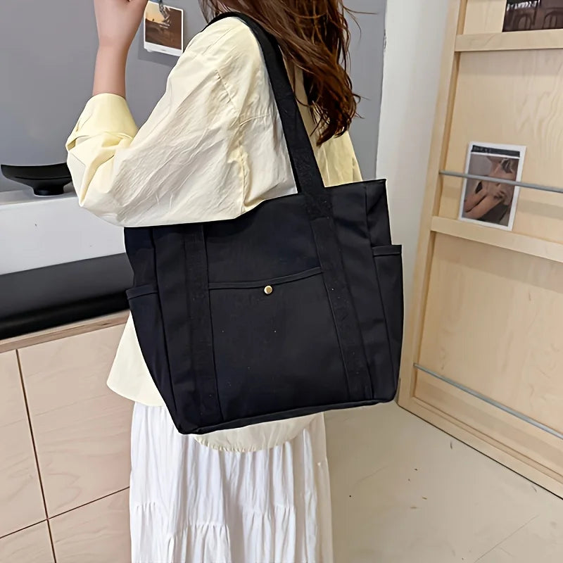 Stylish Large Capacity Canvas Tote Bag - Zipper Closure Durable Shoulder Straps Perfect for Commuting, College and Book Carrying