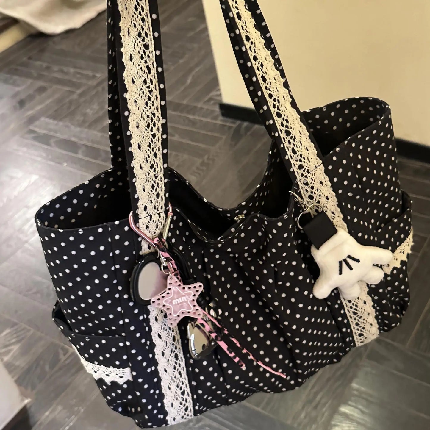Korean Vintage Canvas Shoulder Bag Women Cute Lace Large Capacity Tote Bag Multi Pocket Handbag Fashion Round Dot Underarm Bag
