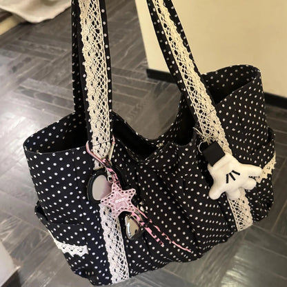 Korean Vintage Canvas Shoulder Bag Women Cute Lace Large Capacity Tote Bag Multi Pocket Handbag Fashion Round Dot Underarm Bag