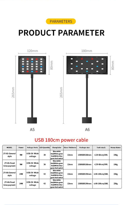 USB Aquarium LED Light Full Spectrum Aquatic Plant Grow Lamp Fish Tank Adjustable Brightness Dimmable Timed 360° Rotatable Light