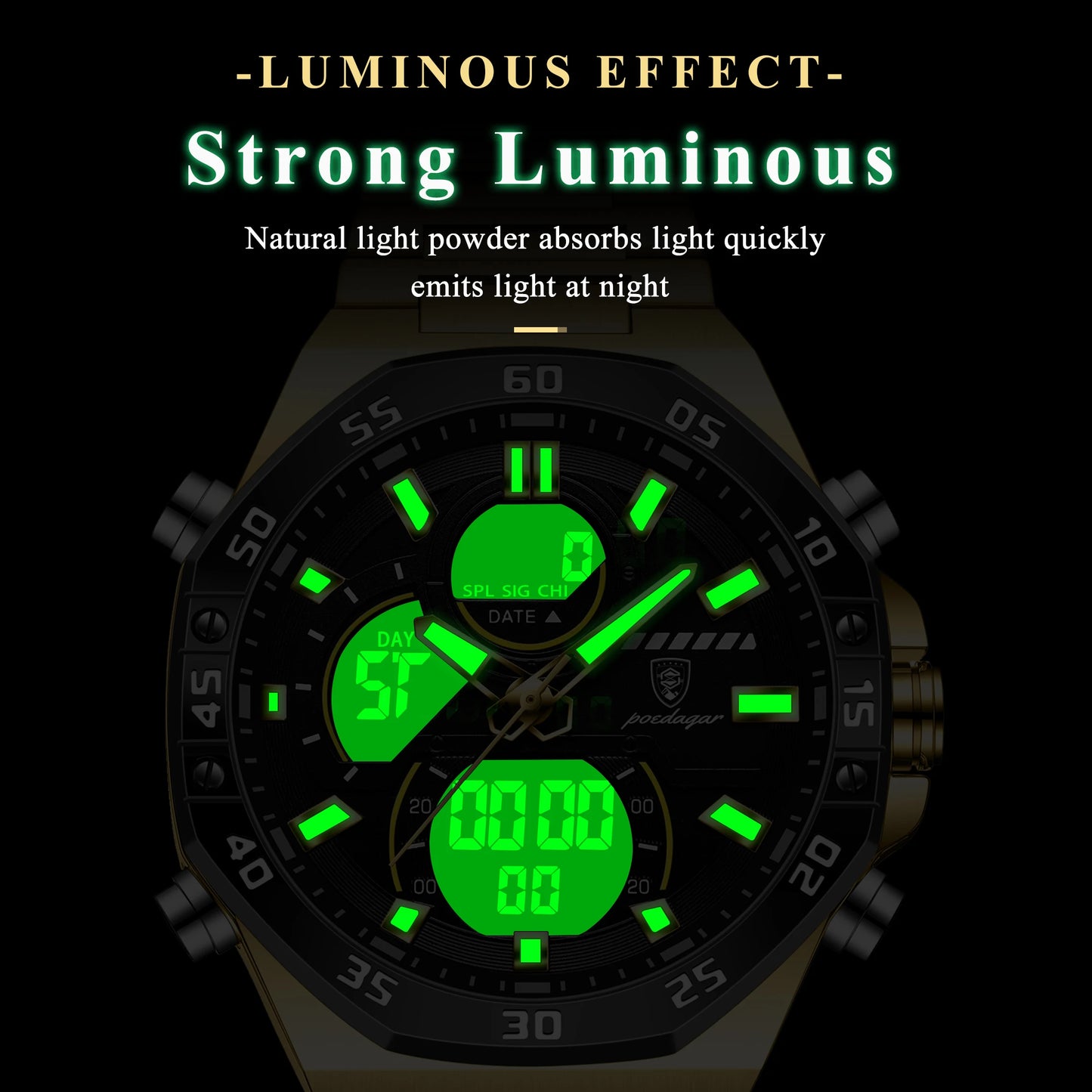 POEDAGAR Top Men Clock LED Luminous Waterproof Week Date Military Man Wristwatch Electronic Stainless Steel Quartz Men's Watches