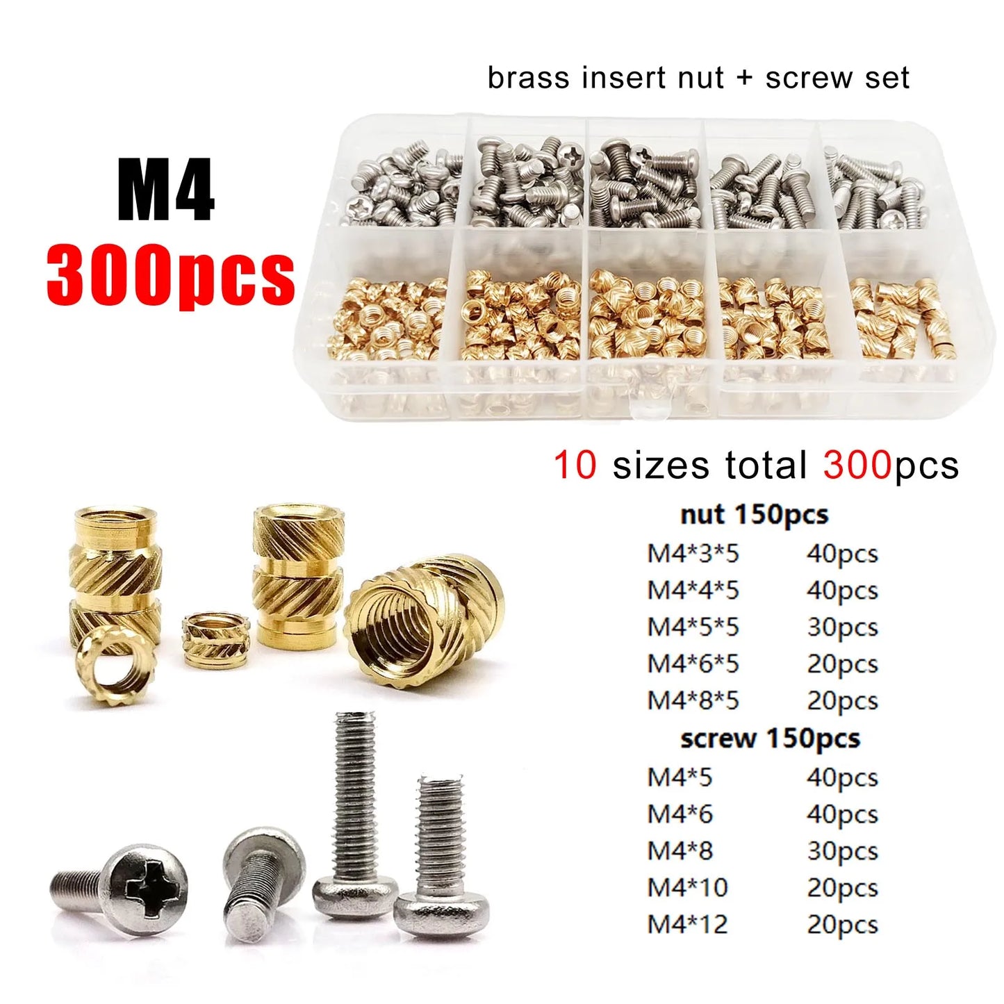 M1.4 M1.6 M2 M2.5 M3 M4 M5M6 Brass Copper Twill Knurled Thread Hot Heat Melt Injection 3D Print Embed Insert Nut Screw Kit Set