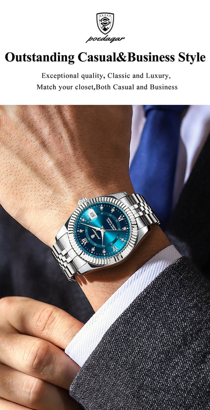 POEDAGAR Original Men Wristwatch Waterproof Luminous Date Business Man Clock Stainless Steel Quartz Military Men's Watches Reloj