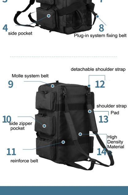 55L Luggage Duffel Bag Camping Backpack Tactical Large Bags Men's Hiking Travel Mountaineering Trip Utility Gym Weekend Duffle