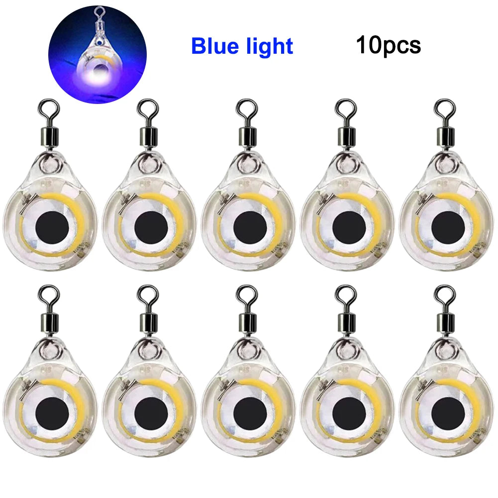 10Pcs Fishing Lure Light Mini Eye Shape Underwater Night Light Lure Battery Powered Lighted Flasher Bait for Seawater Freshwater
