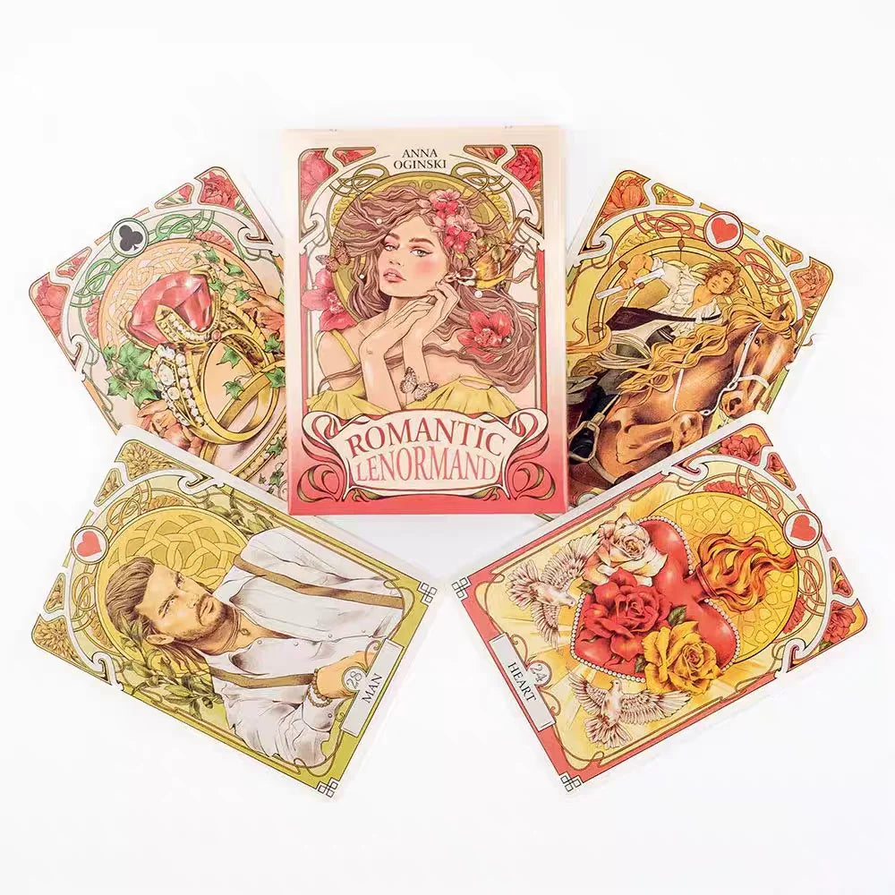 Romantic Lenormand Oracle Cards 10.2*7.2cm English Vision Art Nouveau Floral Motifs 37 Pcs Deck 4*2.8inch For Party, Board Games