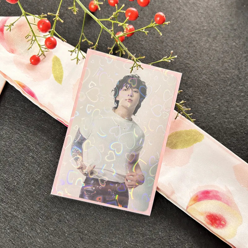 50pcs/lot 61*91mm Heart Love Laser Flashing Card Sleeves Protector For Photo Cards Holder Holographic Foil Protective Films