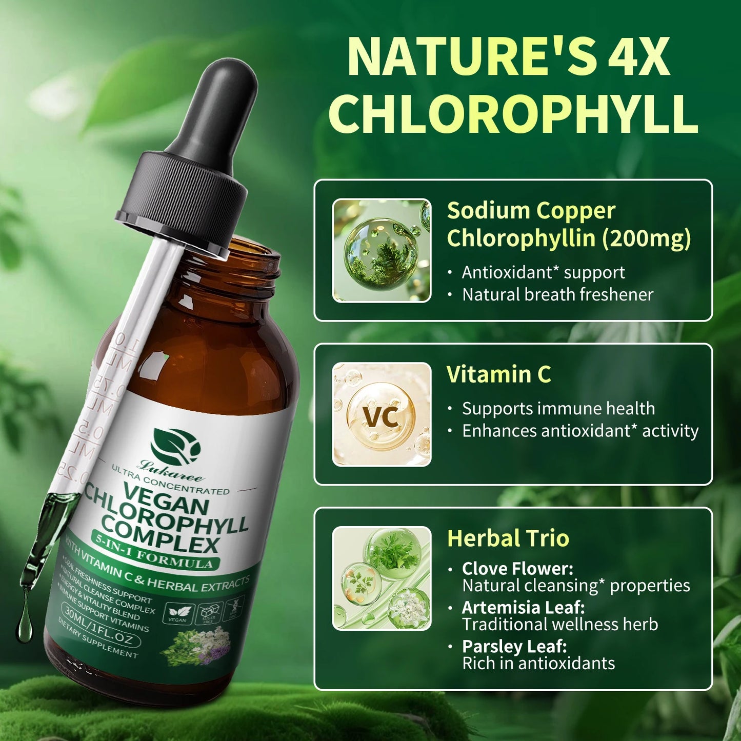 Lukaree 30MLChlorophyll Liquid Drops Supports Natural Cleansing & Immune, Internal Deodorant,Skin & Gut Health,Vegan,Sugar-Free