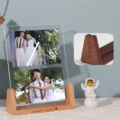 Walnut/Beech Creative Photo Frame Acrylic U Shape Transparent Frame Desktop Wood Wedding Pictures Frame Office Decor