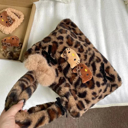 Hello Kitty leopard print plush fashion cute handbag for girls shoulder bag armpit handbag lightweight and durable gift forgirls