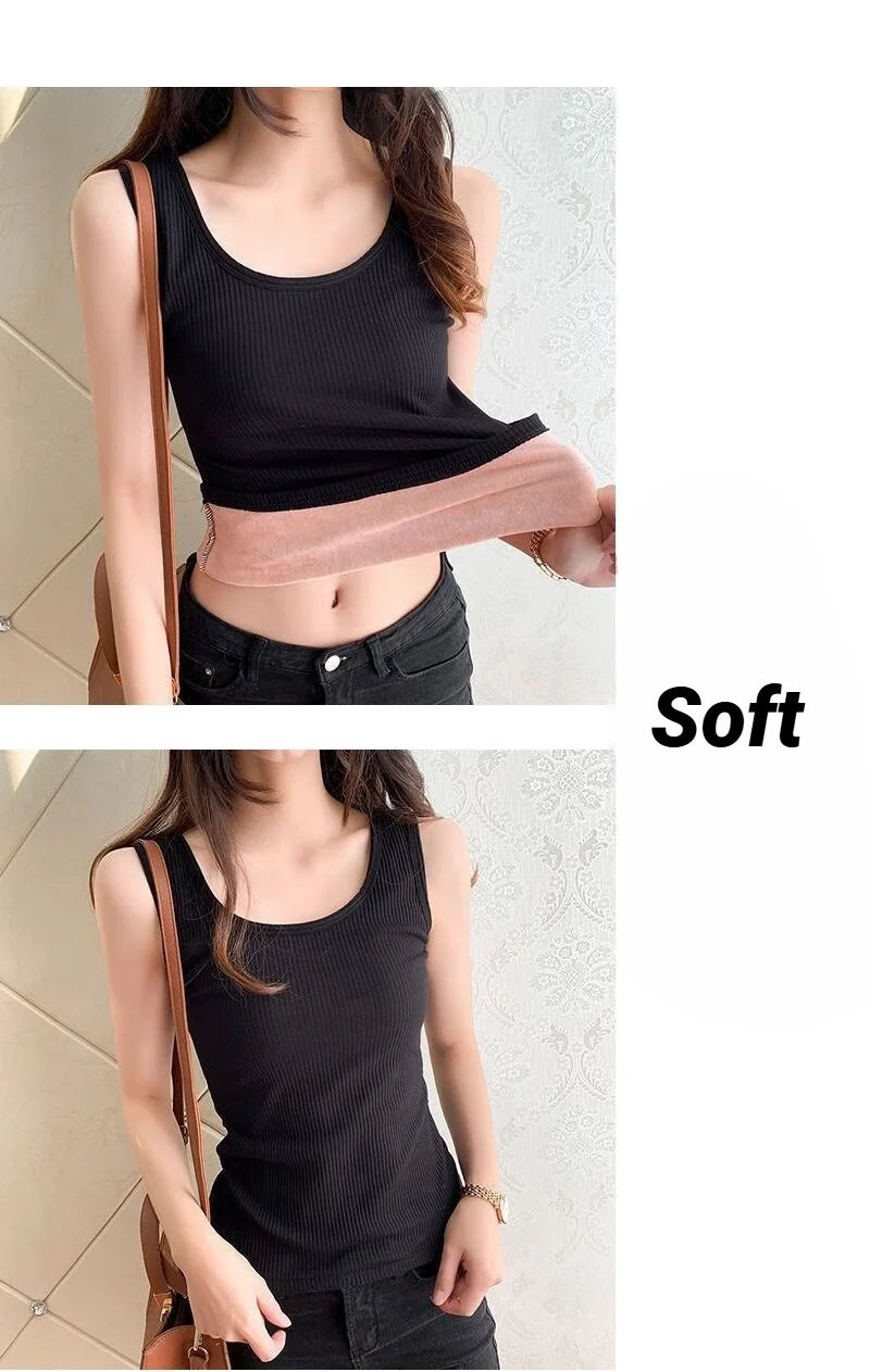 Women'S Winter Thermal Underwear Top Seamless Plus Velvet Shirt Sleeveless Vest Warm Female Undershirt Solid Color Sexy Lingerie