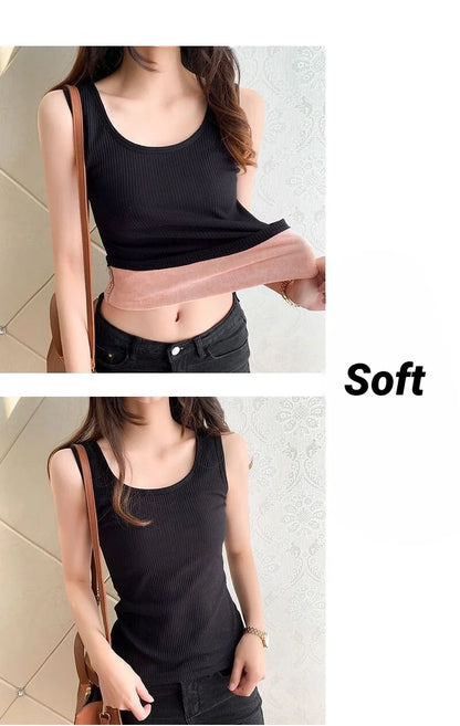 Women'S Winter Thermal Underwear Top Seamless Plus Velvet Shirt Sleeveless Vest Warm Female Undershirt Solid Color Sexy Lingerie