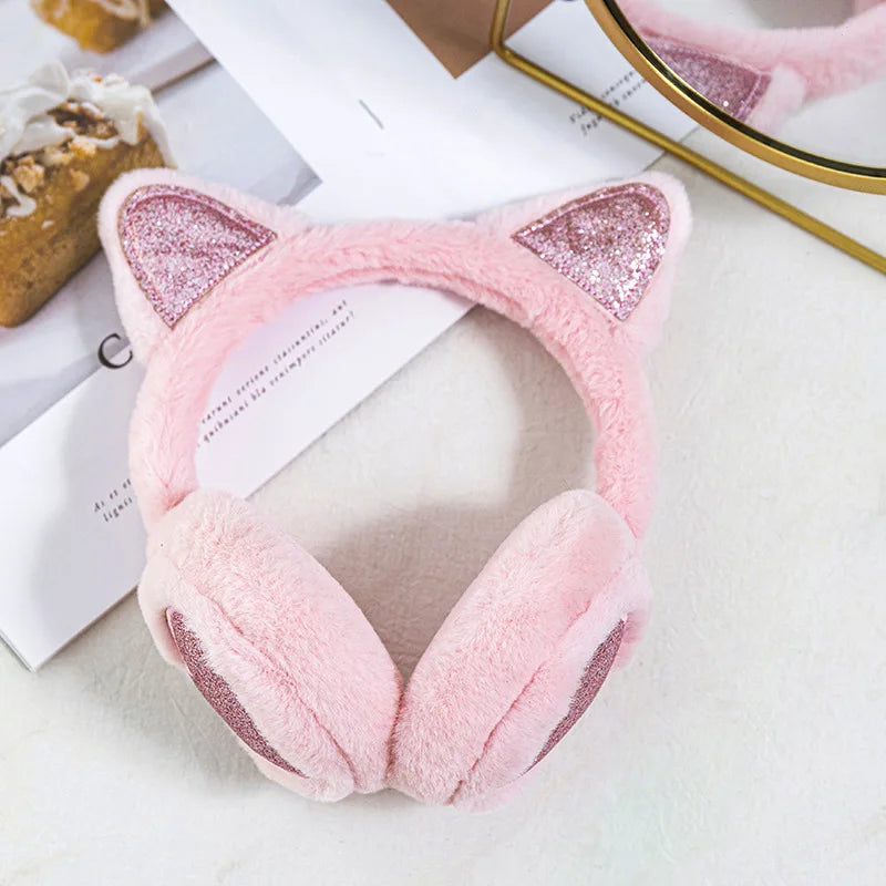 Plush Winter Warm Ear Earmuffs Glitter Cat Ear Warmers Heart Fur Hang Ear Cover for Women Girl Earflap Cold Protection Ear Muffs
