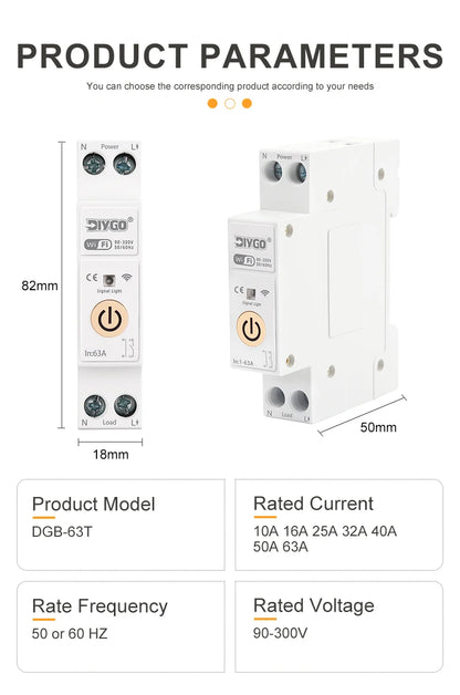 Tuya WIFI Smart Circuit Breaker 1P+N Over-Voltage/Current/Power Protector Under Voltage Protection Voice Remote Control Switch