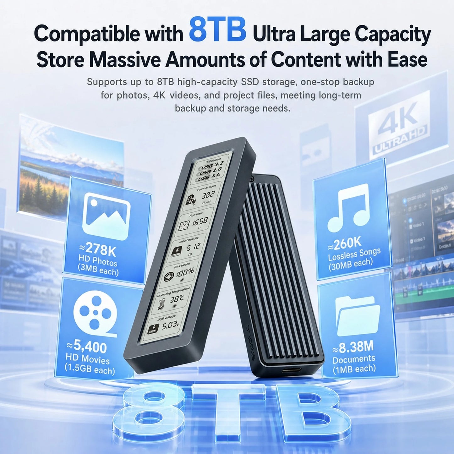 M.2 NVMe SATA SSD Enclosure Visual Smart SSD Case USB 3.2 Gen 2 10Gbps NVMe PCI-E 20Gpbs