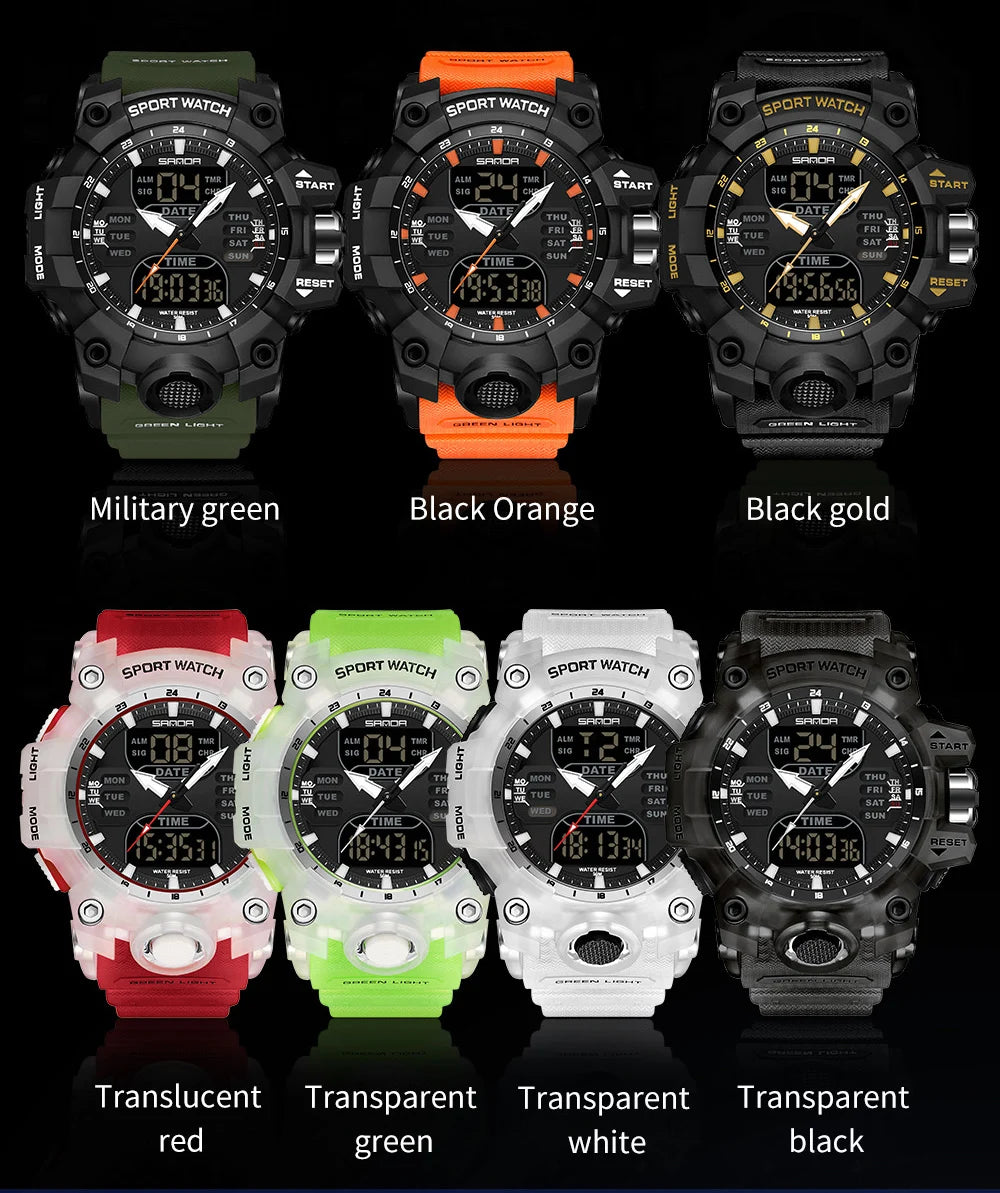 SANDA Luxury G Style Men's Electronic Watch Outdoor Sports LED Analog Digital Chronograph Military Dual Display 50M Waterproof