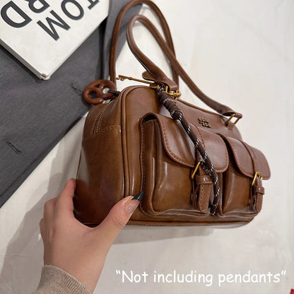 Women's Retro Solid Color Pu Leather Shoulder Bag with Multiple Pockets, Large Capacity, Exquisite and Fashionable Handbag