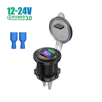 83W Motorcycle Car Charger Socket PD30W Fast Charging 22.5W Dual USB Type C Outlet Phone Power Adapter with Voltmeter Waterproof