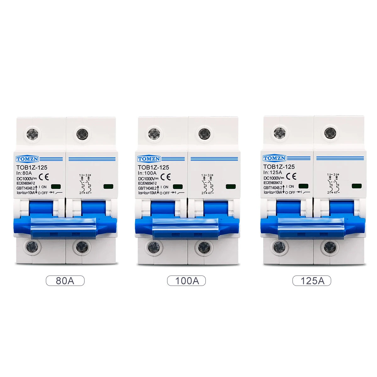 TOMZN 2P 1000V DC MCB TOMZN 80A 100A 125A Circuit Breaker PV System C Curve Battery Main Switch