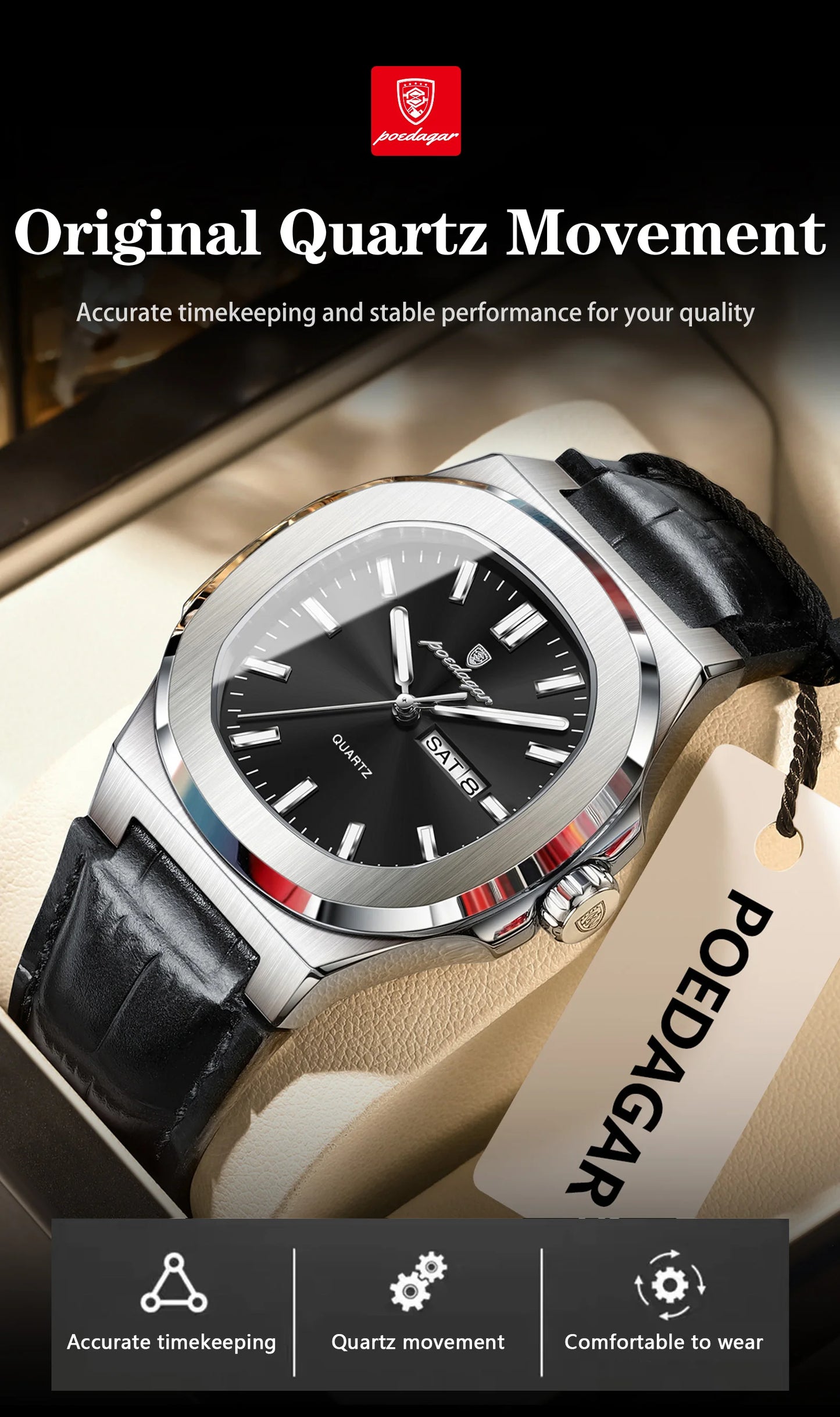 POEDAGAR Square Wristwatch For Men Luminous Waterproof Week Calendar Luxury Man Clock Leather Quartz Fashion Men's Watches Reloj