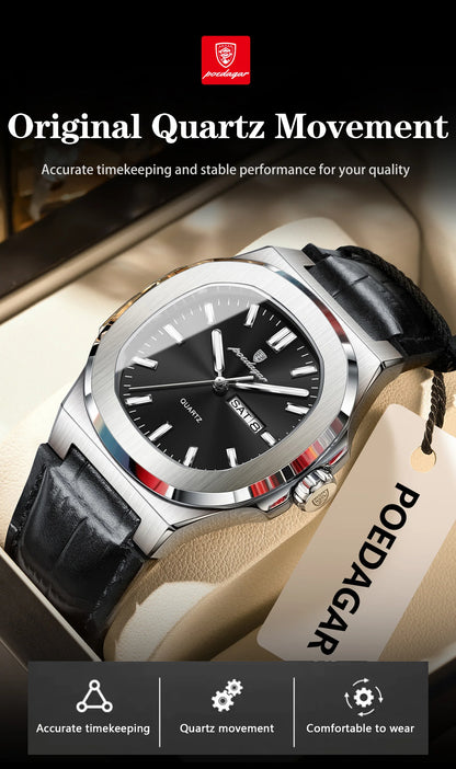 POEDAGAR Square Wristwatch For Men Luminous Waterproof Week Calendar Luxury Man Clock Leather Quartz Fashion Men's Watches Reloj