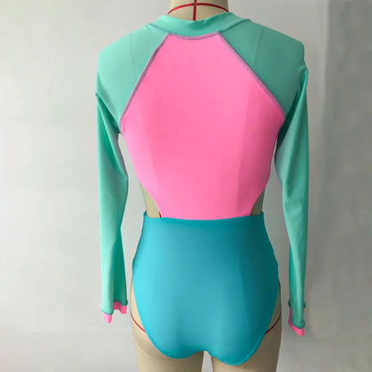 New Patchwork One-Piece Swimsuit Long Sleeve Swimwear Sports Backless Women's Swimming Bathing Suit Beach Wear Bather Surfing