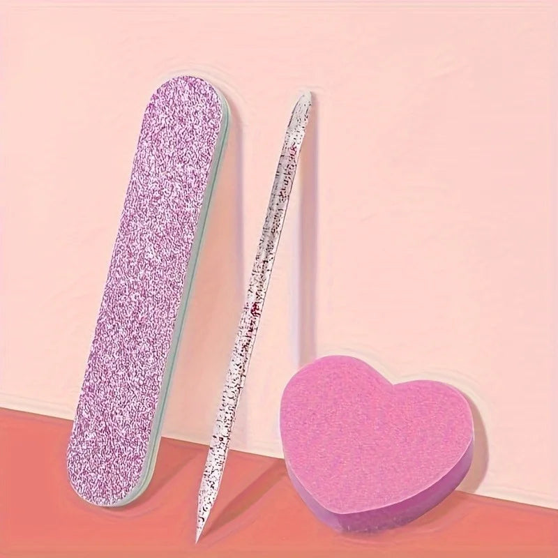12 Piece Set of Pink Glitter Nail Care Kit - Heart-Shaped Buffer, Crystal Rod, and Double-Sided File for Nail Art and Pedicures