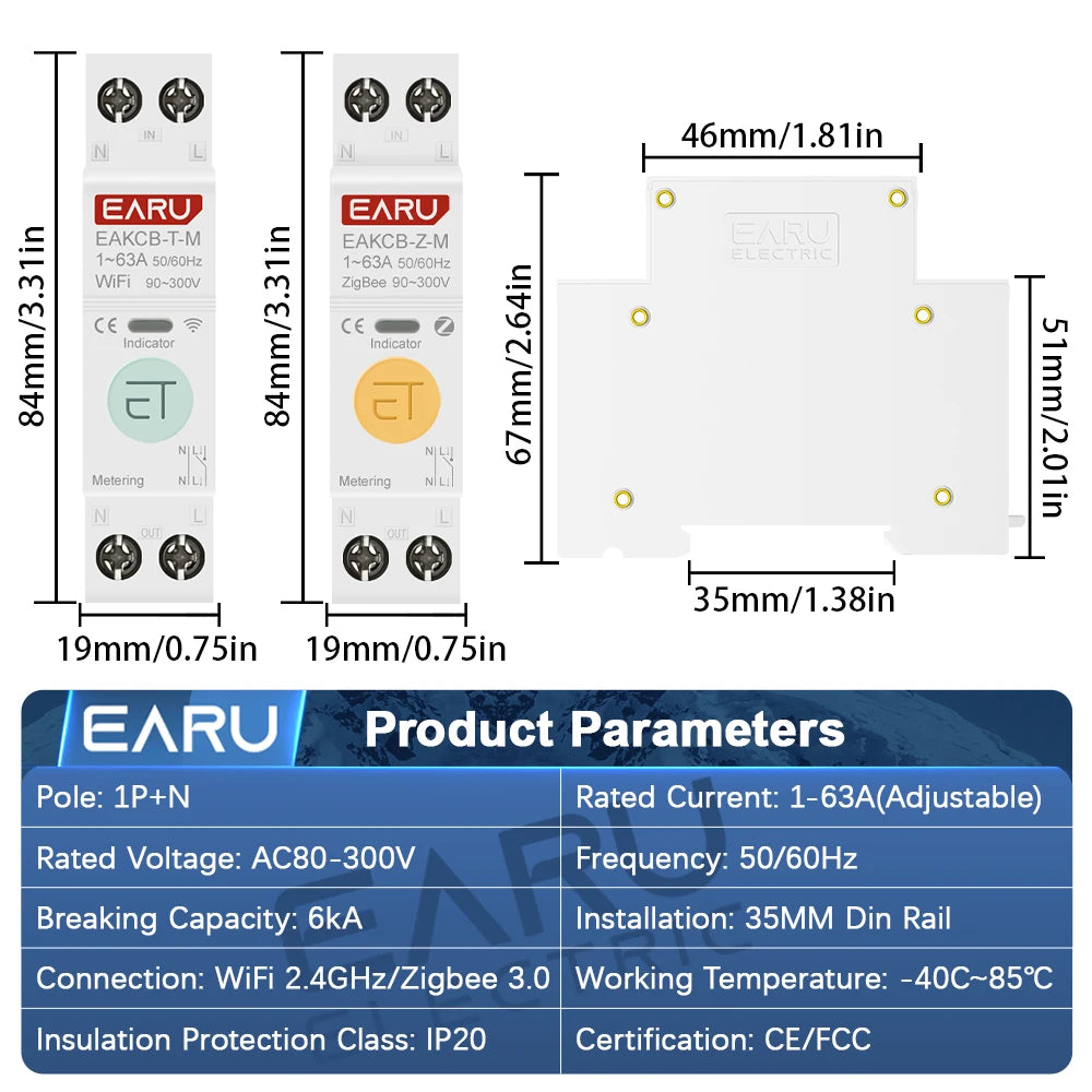 Tuya ZigBee WiFi Smart Circuit Breaker 1P+N 63A MCB Timer Relay Switch Energy Meter kWh Voltage Current Protector Remote Control