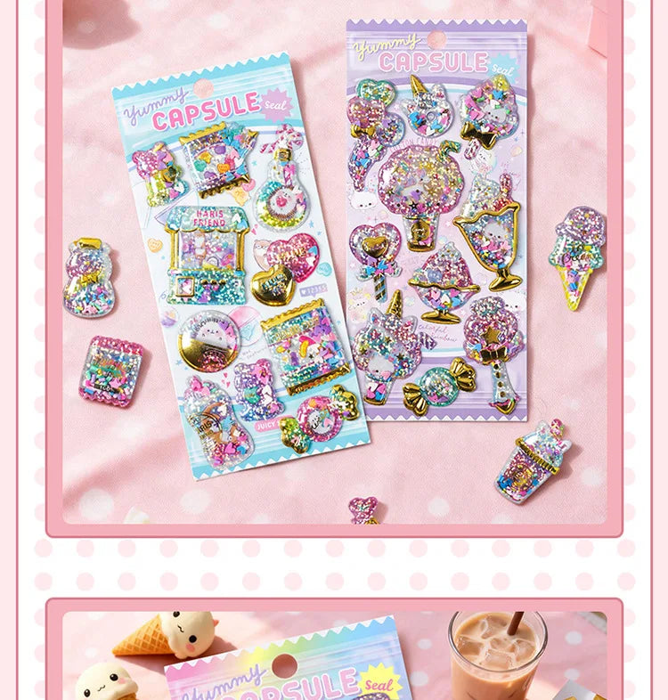 Kawaii Capsule Sparkling 3D Stickers Scrapbooking Diy Journal Stationery Sticker Cute Deco Art School Supplies