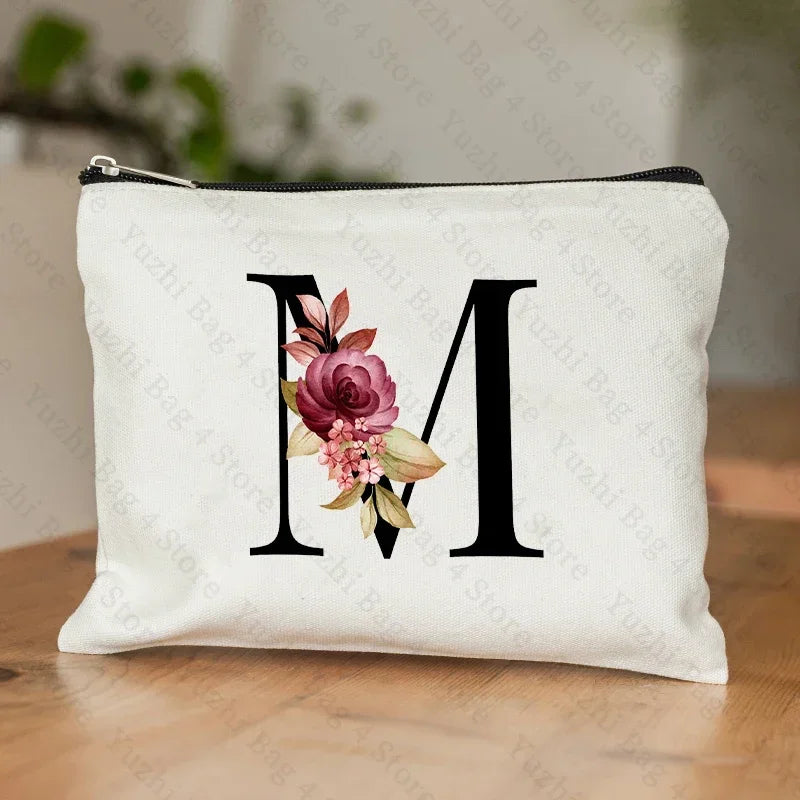26 Letters Flower Makeup Bag Printed Bridesmaid Wedding Gift Graduation Teacher's Day Gift Storage Bag Travel perfume Side Bag