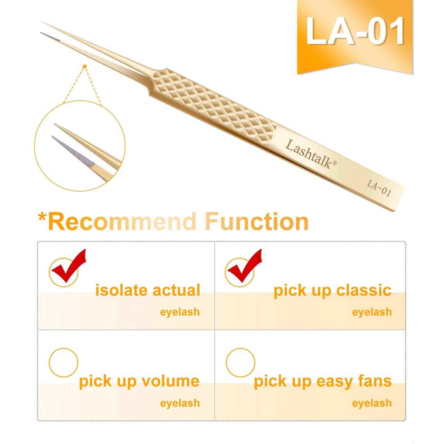 Lashtalk Precision Fiber Tip Tweezer Eyelash Extensions Diamond Grip Anti-Slip Premium Gold Stainless Steel Makeup With Box Pack