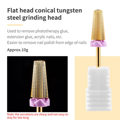 5 In 1 Tungsten Carbid Nail Drill Bits Milling Cutter For Remove Nail Polish UV Gel Tapered Safety End Cut Manicure Tools Golden