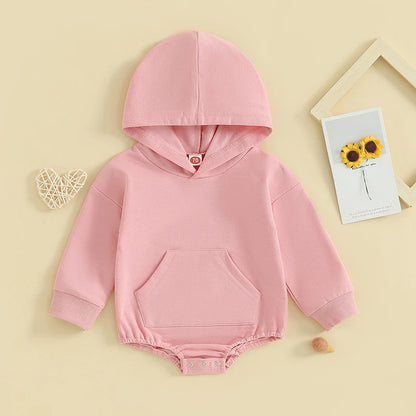 0-24months Baby Hooded Romper Long Sleeve Front Pocket Solid Color Bodysuit For Newborn Boys And Girls Spring Autumn Playsuit