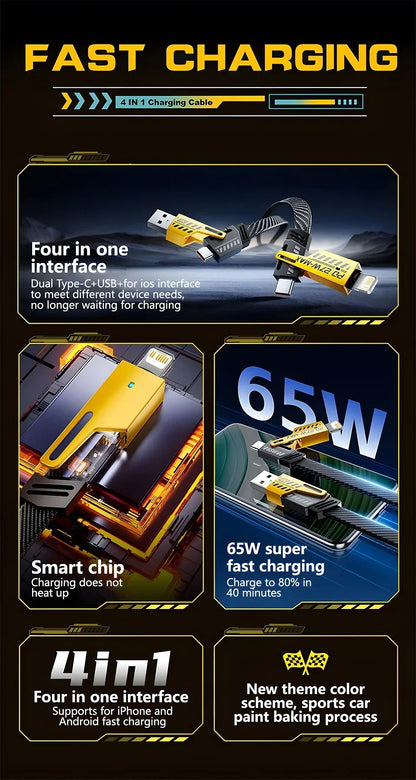 4-in-1 Fast Charging Cable, 65W PD QC Charging Cable with Multiple Connectors, Suitable for Android/iPhone
