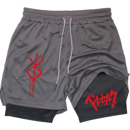 Anime Berserk Performance Shorts Men 2-in- Running Compression Shorts Training Yoga Gym Sportswear Workout Shorts with Pockets
