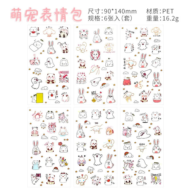 6Pieces/Set Transparent Pvc Waterproof Cartoon Sticker DIY Hand Account Decorative Stickers Kawaii Phone Cup Stickers