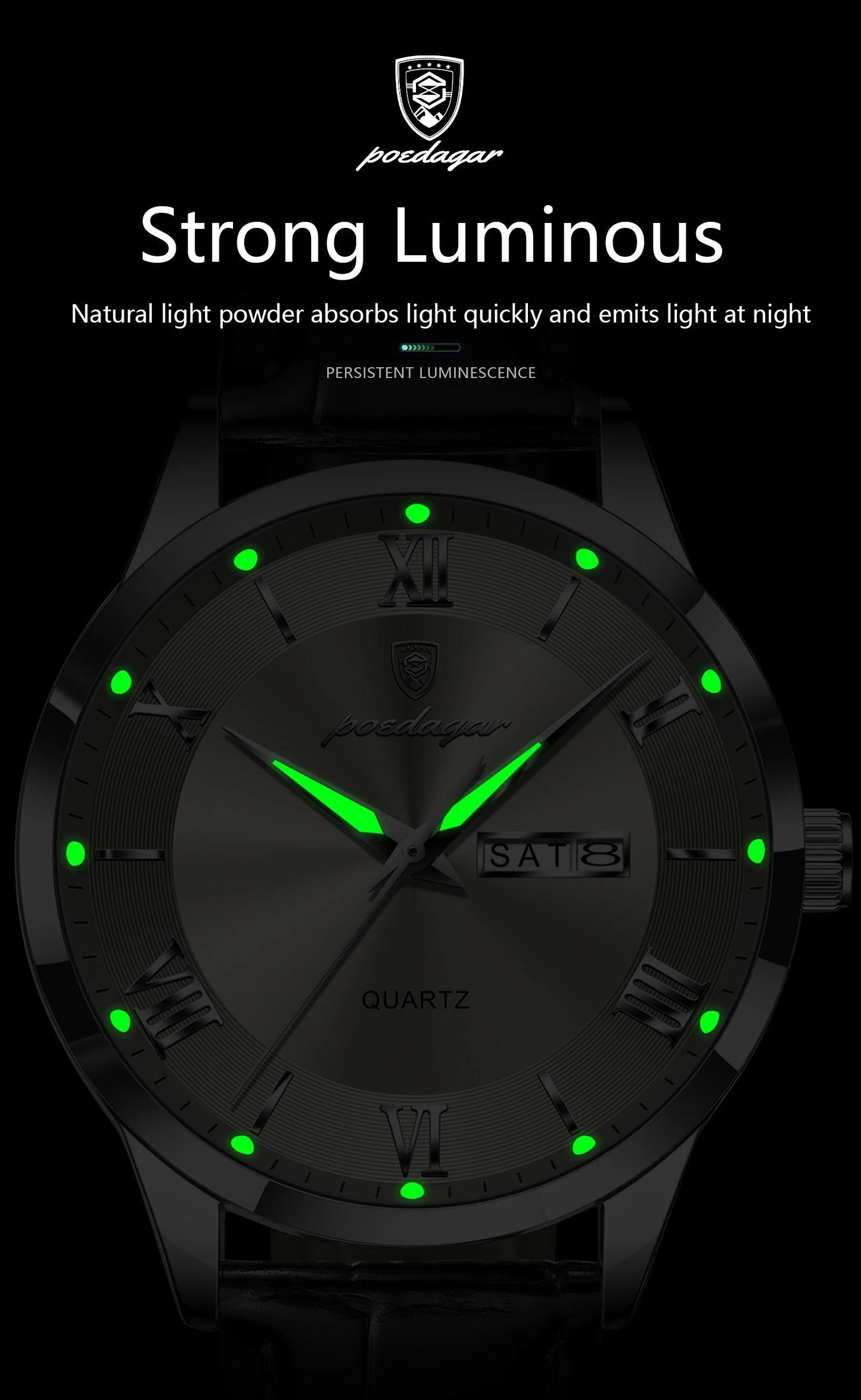 POEDAGAR Business Brand Men Clock Waterproof Luminous Date Week Fashion Man Wristwatch Leather Luxury Men's Quartz Watches Reloj
