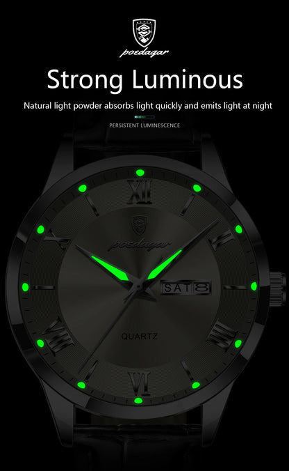 POEDAGAR Business Brand Men Clock Waterproof Luminous Date Week Fashion Man Wristwatch Leather Luxury Men's Quartz Watches Reloj