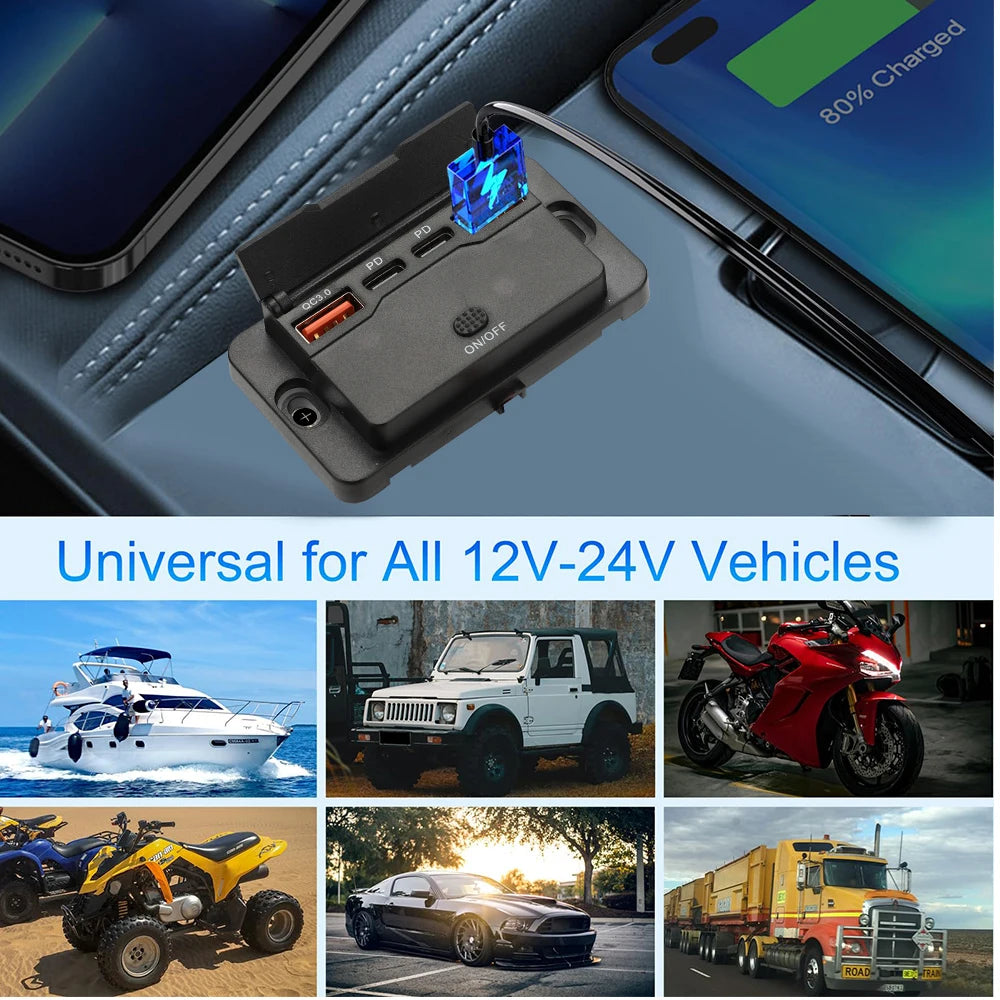 4 Ports Dual PD Dual QC 3.0 USB Car Charger with Switch 96W Quick Charging Socket USB Power for 12V/24V Car Boat Bus RV Truck