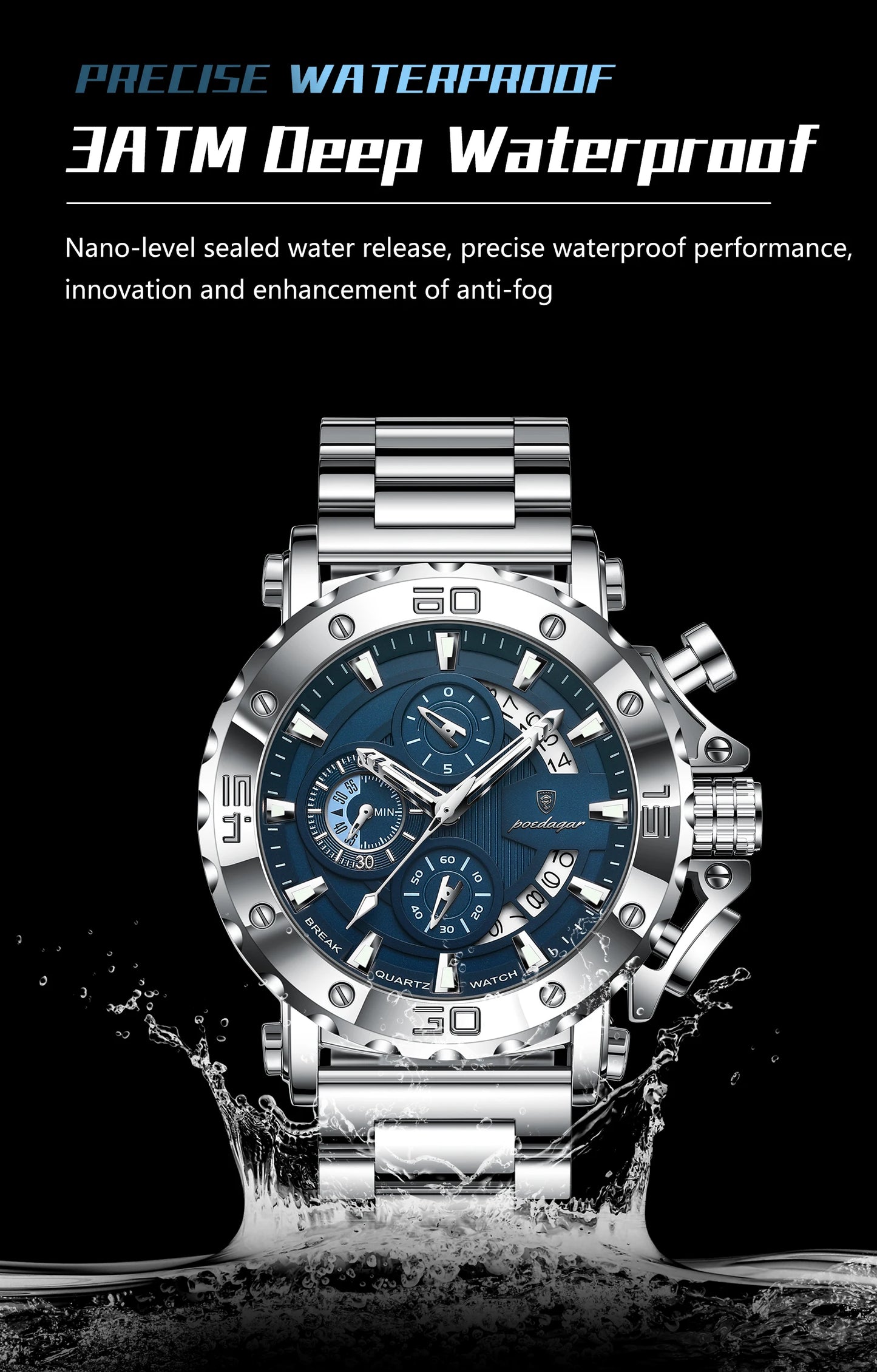 POEDAGAR Luxury Men's Watch Calendar Luminous Waterproof Man Clock Chronograph Stainless Steel Quartz Watches For Men Reloj Gift