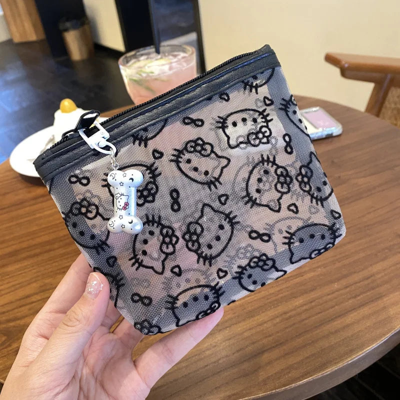 Transparent Mesh Hello Kitty Coin Purse Cartoon Style Fashionable, Simple Portable Makeup Bag Headphone Storage Bag Holiday Gift