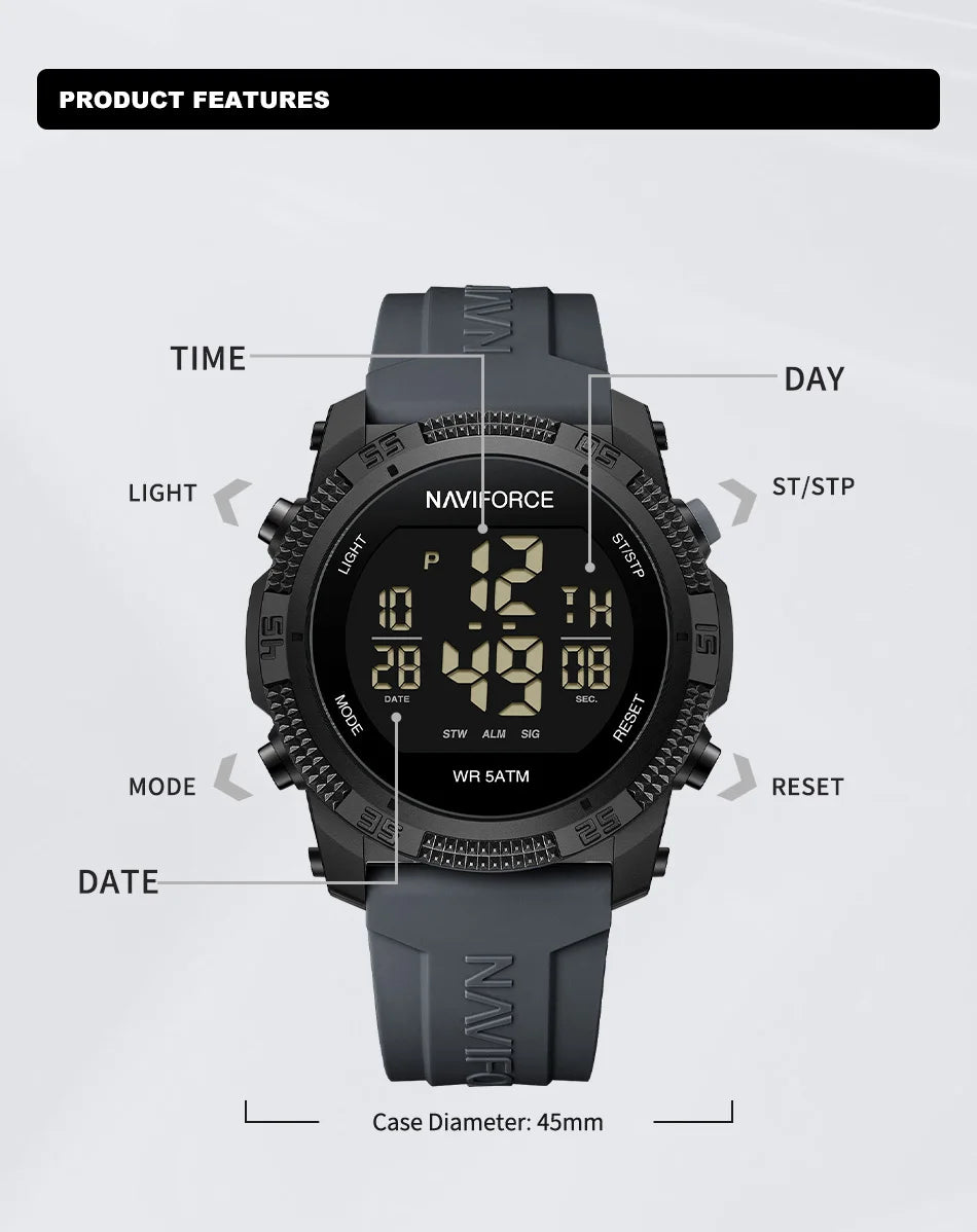 NAVIFORCE 7104 Sports Men's LCD Digital Leisure Date Week Alarm Clock Waterproof Silicone Strap Electronic Watch électronique