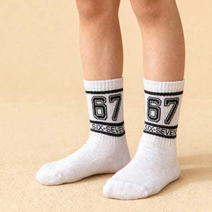 Teen Fashion Socks with "67" Print - Mid-Calf Sports Socks for Trendy Kids All Season