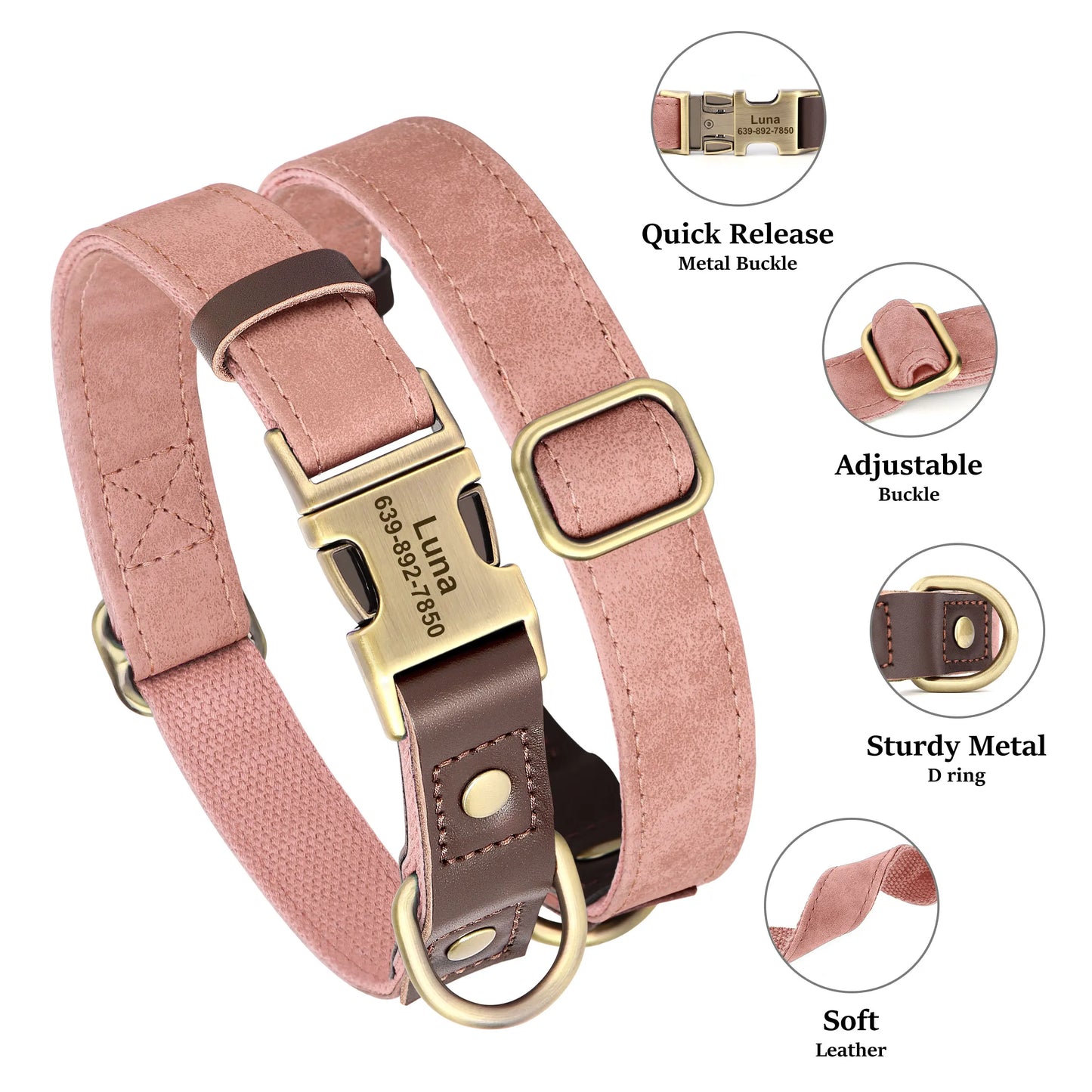 Customized Dog Collar Durable PU Leather Dog Collars Engraved Pet ID Necklace With Metal Buckle for Small Medium Large Dogs Pug