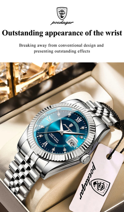 POEDAGAR Original Men Wristwatch Waterproof Luminous Date Business Man Clock Stainless Steel Quartz Military Men's Watches Reloj