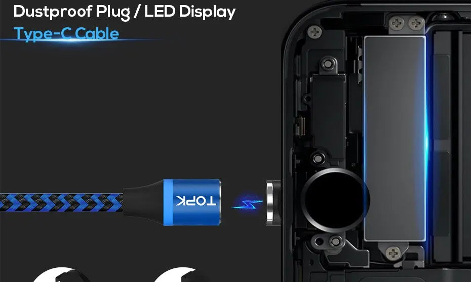 Magnetic Charging Cable 3 IN 1 TOPK 360 Rotation Magnetic Phone Charger Cable with LED Light for Micro USB Type C Cable