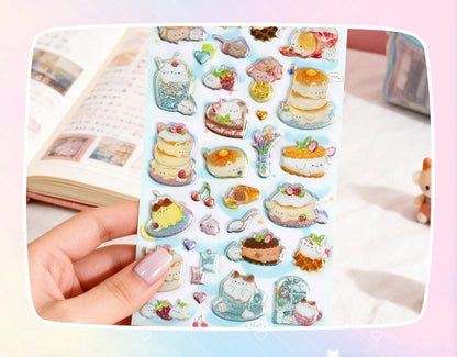 3 pcs/6 pcs Sweet Candy Pets Cat Coffee Cakes Flash Puffy 3D Stickers Scrapbooking Diy Diary Stationery Stickers School Supplies