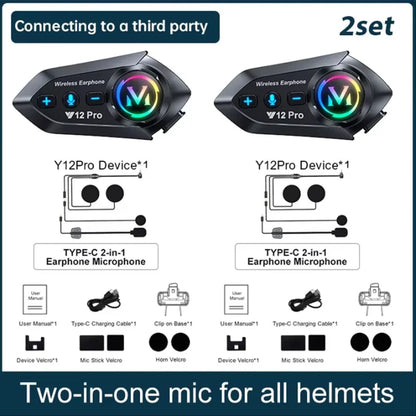 Y12 Pro Dual Mic Motorcycle Helmet Intercom Headset Wireless Hands-free Call Waterproof Music Player Speaker FM Radio Earphone