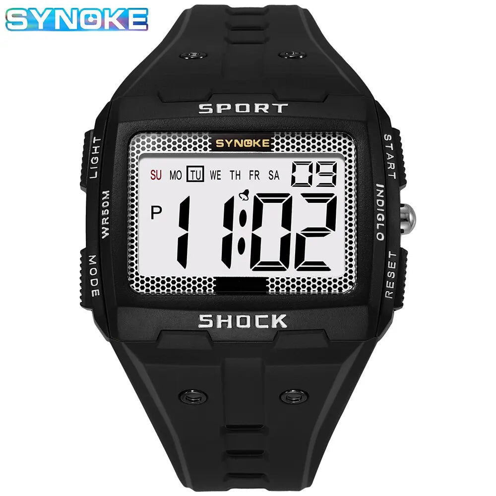 SYNOKE New For Men Sports Electronic Watch Waterproof Night Glow Large Screen Square Outdoor Running Camping Student Watch