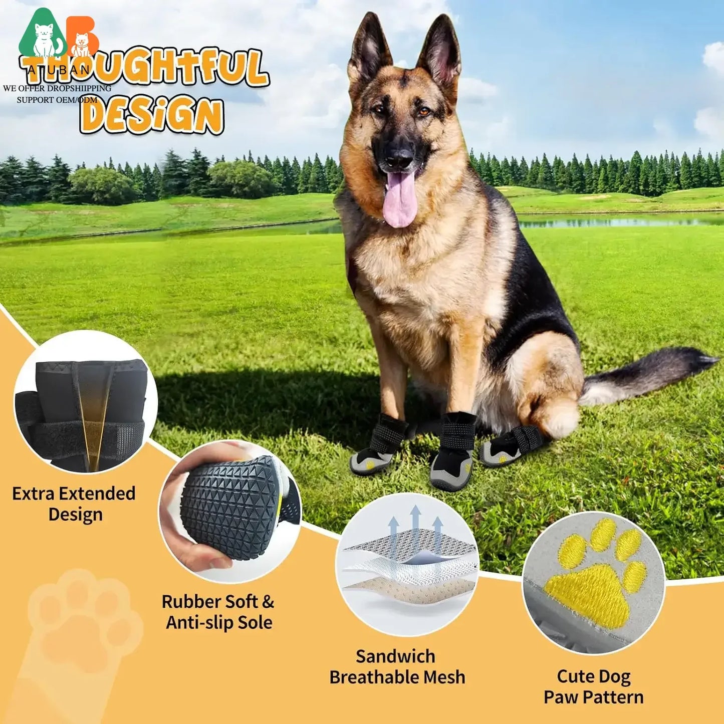 ATUBAN Dog Shoes for Large Size Dogs, Waterproof Medium Large Dog Boots, for Hot Pavement Winter Snow Hiking Breathable Elastic
